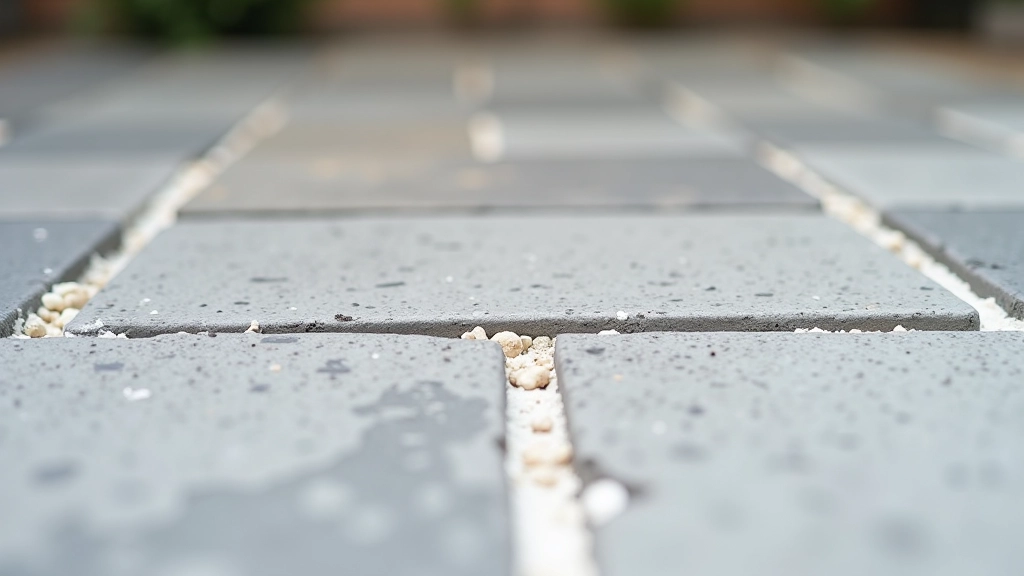 Close-up view of properly sealed stone patio joints with frost-resistant polymer-modified grout showing clean lines and even depth