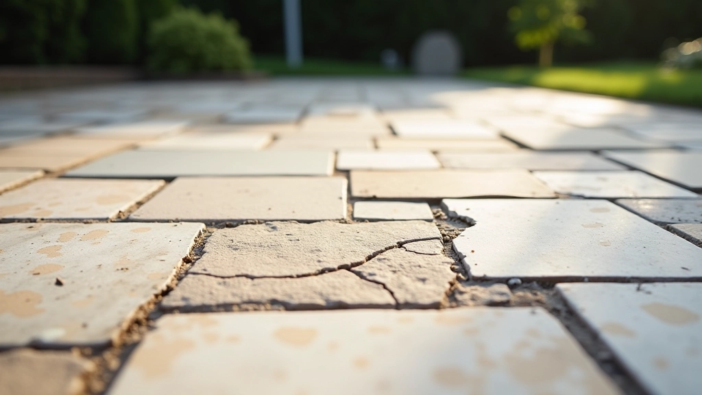 Damaged patio showing grout failure with frost heave, cracked grout lines, and displaced stones from winter freeze-thaw damage
