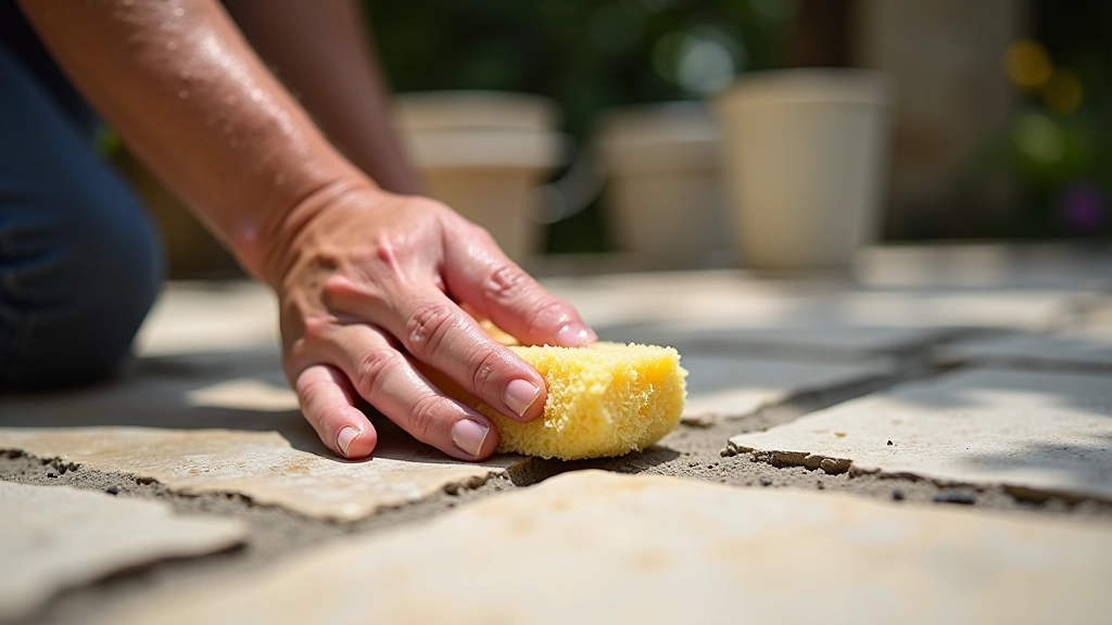 Hands using wet sponge to clean grout from natural stone patio surface