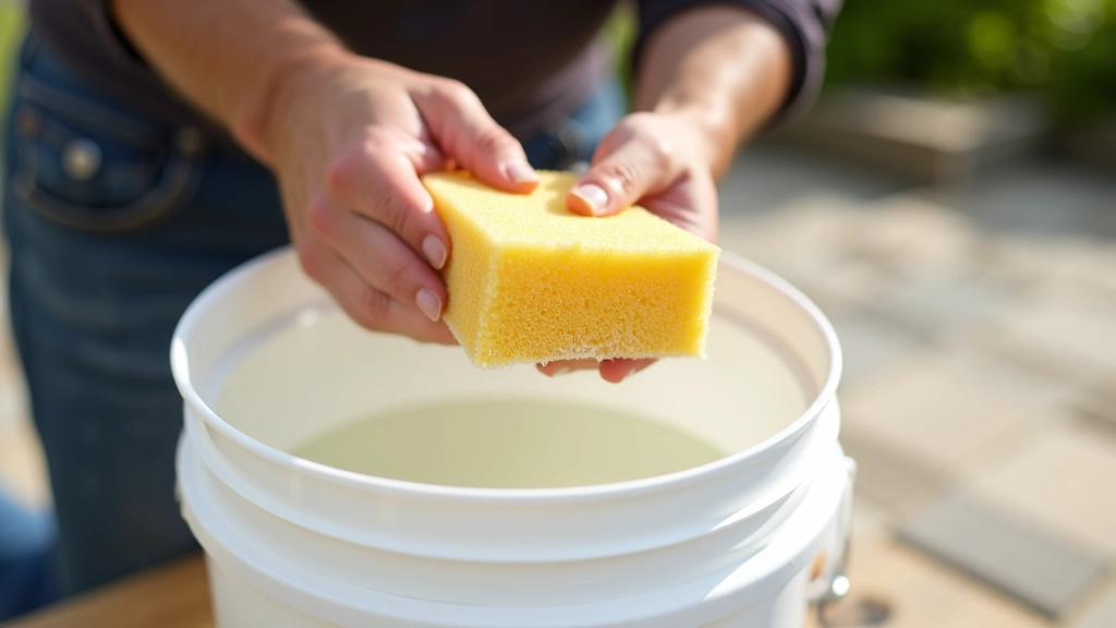 Large natural sponge being wrung out over a white bucket filled with clean water, with stone pavers visible in background