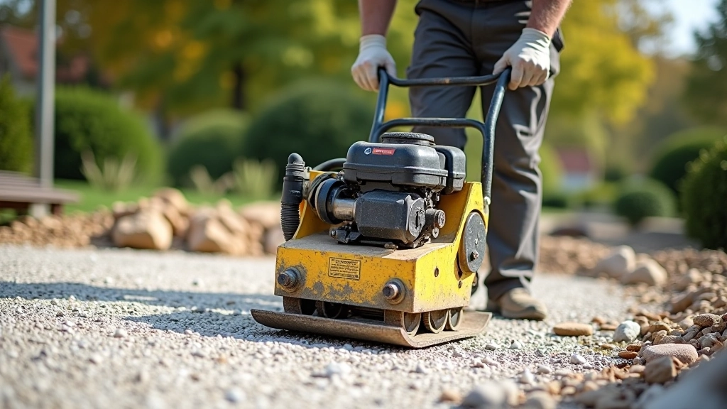Close-up of gravel base layer being compacted with a mechanical plate tamper on prepared patio ground