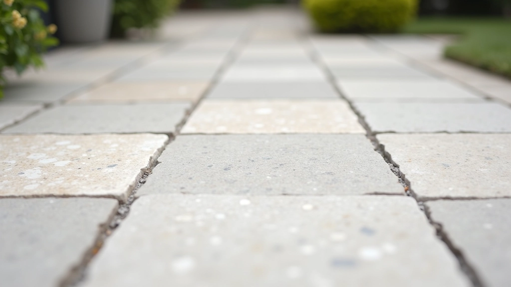 Close-up view of multiple stone patio patterns side by side showing running bond, herringbone, and random layouts
