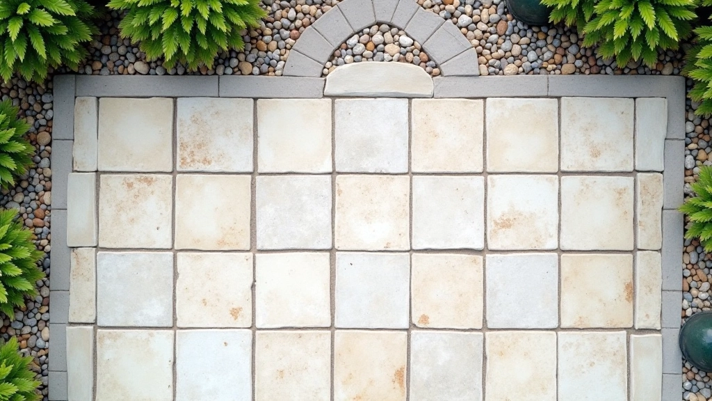Overhead view of running bond stone patio pattern showing offset rectangular stones in neat rows with even grout lines
